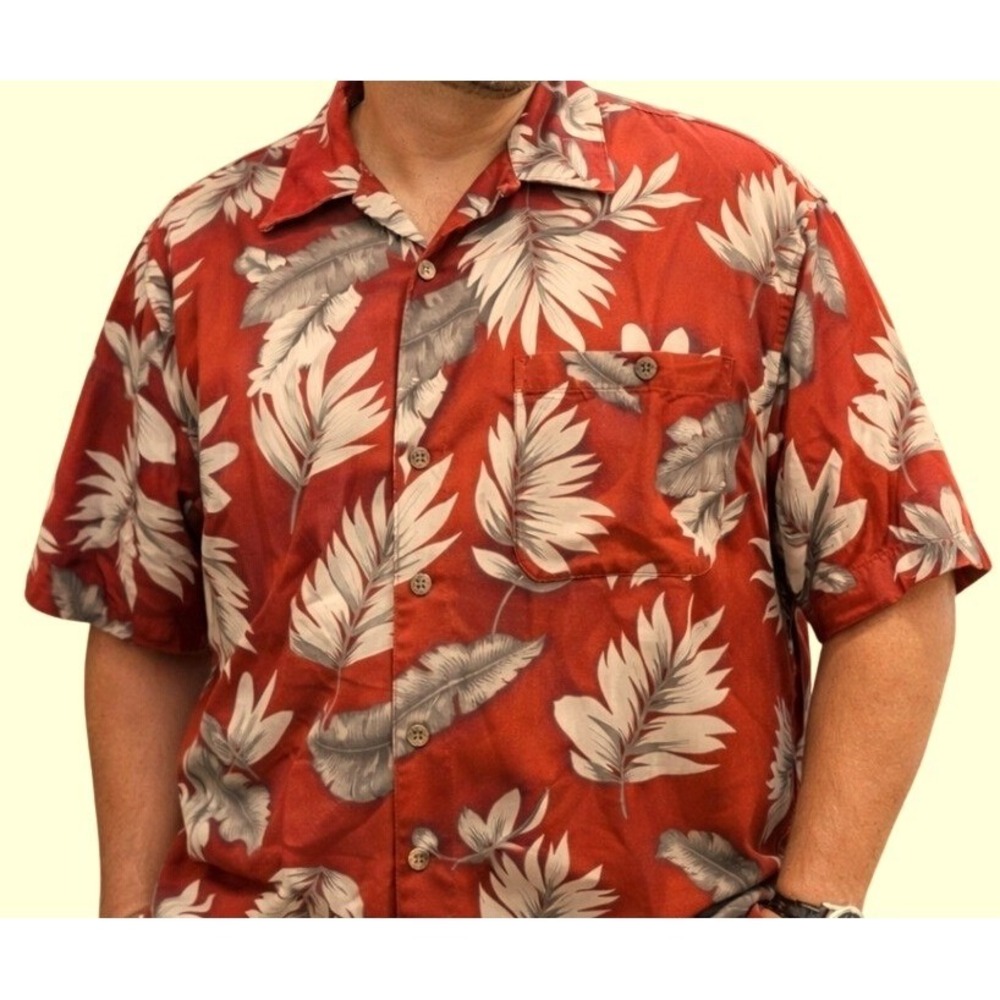 Paradise Coves Silk Hawaiian Shirt Mens XL Red Tropical Leaf Button Down Aloha